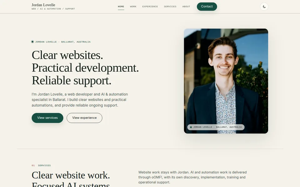 Jordan website homepage on desktop showing website, automation and technical work