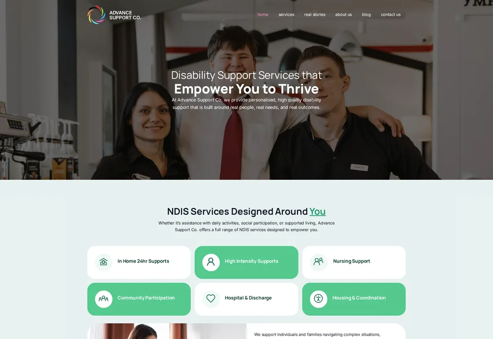 Advance Support Co rebuilt homepage opening section screenshot
