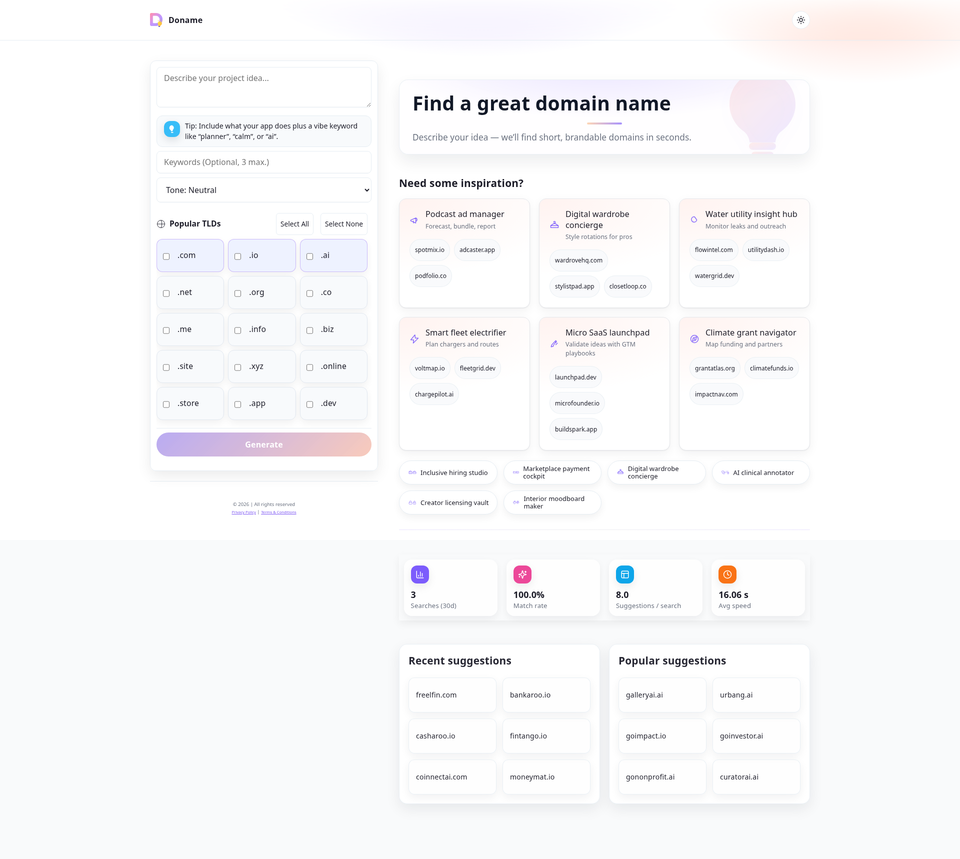 Doname App website screenshot
