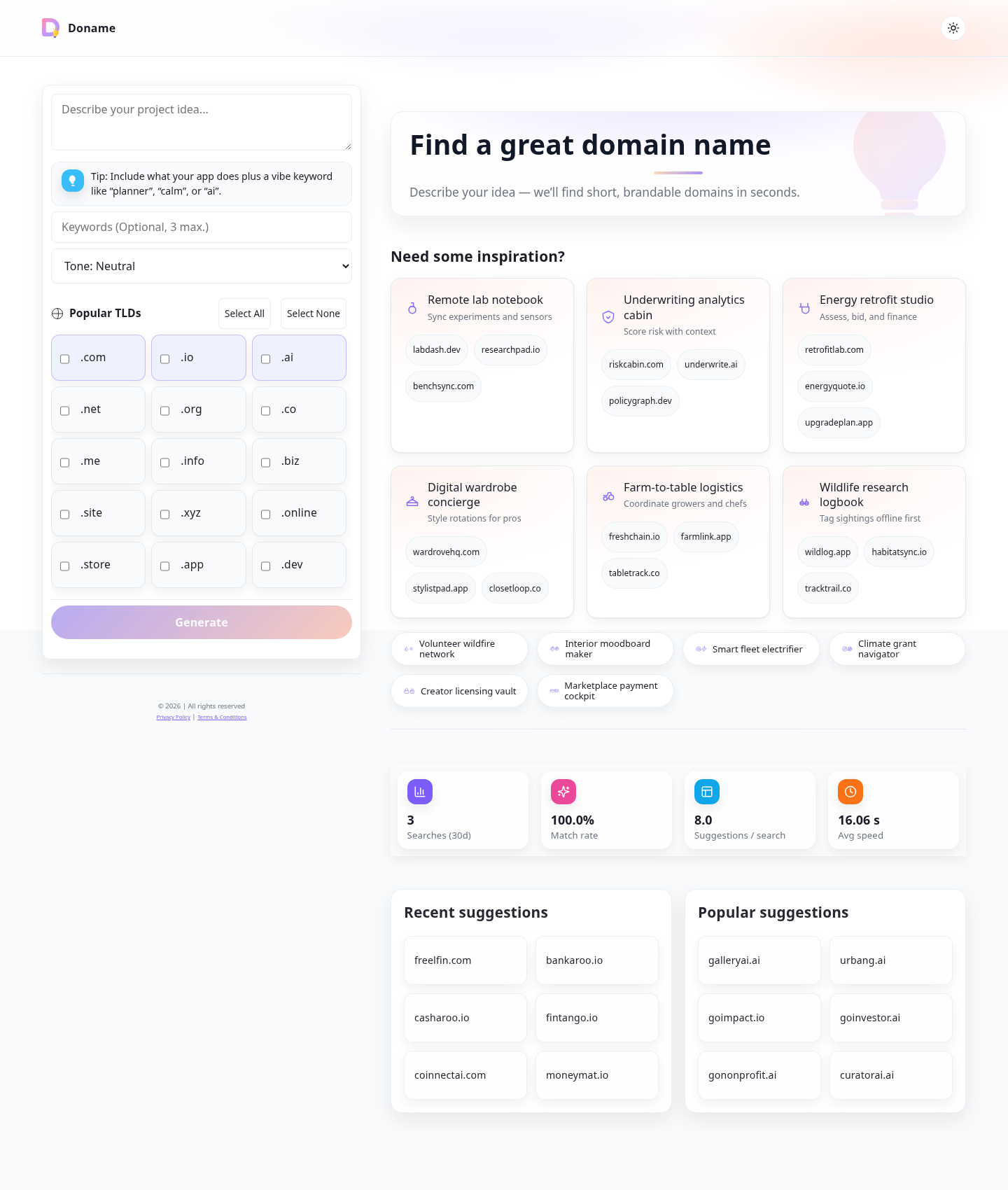 Doname App website screenshot